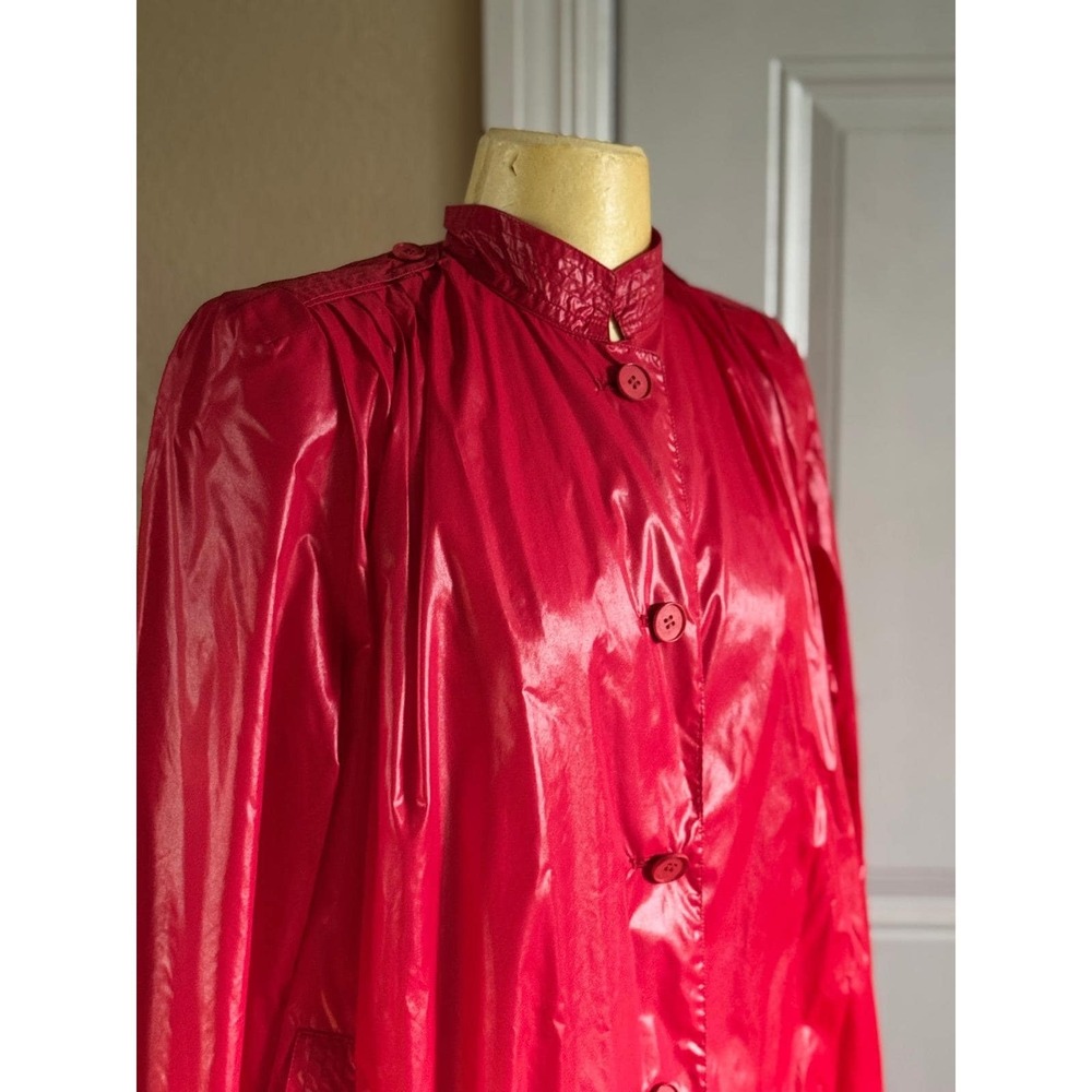 Vintage Cuddlecoat New York Red High Shine Trench Coat Mandarin Collar Belted - Picture 5 of 8